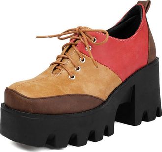 Generic Womens Punk Platform Oxford Shoes Color Block Design Square Toe Lace-Up Style with Chunky Block Heel and 4cm Platform Synthetic Leather Thick Sole Dre