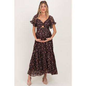 Pinkblush Floral Stripe Twist Front Cutout Maxi Dress in Brown at Nordstrom, Size Small