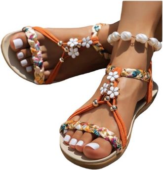Generic Bohemian Beach Sandals for Women 2026,Platform Sandals Women Summer Dressy,Rhinestone Beaded Elastic Ankle Strap Flip Flops Open Toe Summer Beach Flat
