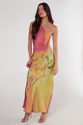 NASTY GAL Womens Satin Floral Ombre Halter Neck Cowl Back Maxi Dress - Lime Green - Size 16 UK