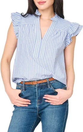 Gibsonlook Stripe Flutter Sleeve Poplin Top in French Blue White Stripe at Nordstrom, Size X-Small