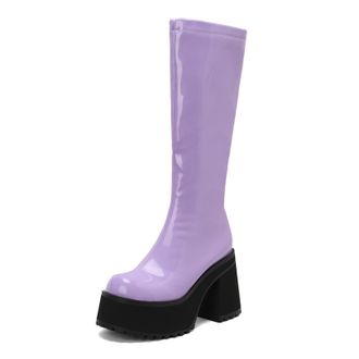 Generic Womens Patent Leather Casual Long Boots Block High Heel Knee High Boots Round Toe Platform Boot with Side Zipper,Purple,3.5 UK