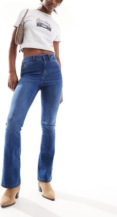 Noisy May Sallie high waisted flare jeans in mid wash-Blue