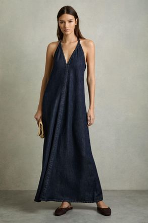 Reiss Womens Navy Blue Denim Halterneck Maxi Dress, Size: 18
