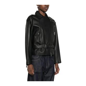 Emporio Armani Jassen, Dames, Zwart, M, Leer, Leren Bikerjack