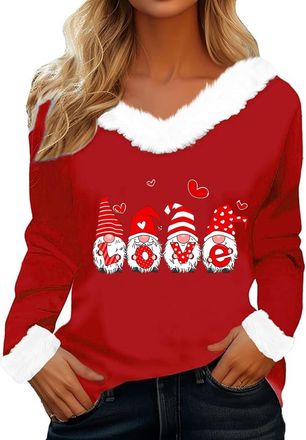 Generic 2025 Fashion Womens T Shirts Basic Tops Fit Blouse Womens Valentines Day Tops Casual Fashion Plush Collar Premium Girls Sexy V Neck Long Sleeve Shirt 