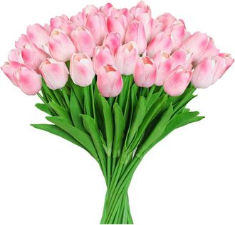 OEM Tulipanes Artificiales Rosas: Paquete De 10 Tulipanes Rosas De Ray&oacute;n Con Tallos, Ideales Para La Decoraci&oacute;n Del Hogar, Bodas, Hoteles Y Oficinas
