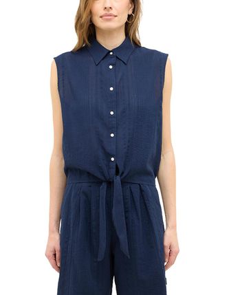 Mustang Kurzarmbluse MUSTANG Damen Style Arvada, Damen, Gr. 36, blau (blau 5324), Cr&ecirc;pe, 100% Baumwolle, unifarben, relaxed fit, Blusen Kurzarmbluse