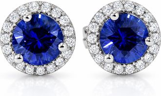 Pompeii3 1 Ct Blue Sapphire Diamond Halo Studs Earrings 14k White Gold