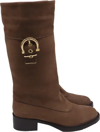 Ferragamo Buckle Accent Riding Boots in Brown Suede
