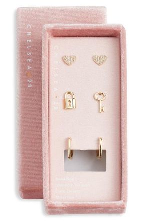 Chelsea28 Set of 3 Demi Fine Stud & Huggie Hoop Earrings in Clear- Gold at Nordstrom