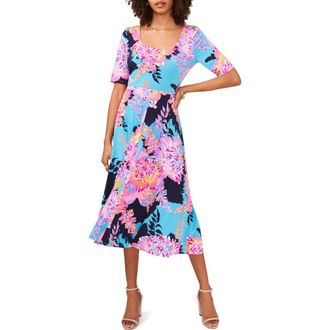 Chaus Elbow Sleeve Fit & Flare Dress in Aqua/navy at Nordstrom, Size X-Large