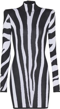 Balmain Korte gebreide jurk met zebra-intarsia - Dames - Korte kleedjes - Zwart - XS - Polyester - Kleedjes