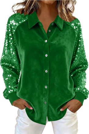 Generic Keepink Womens Tops Sequin Sparkly Velvet Shirts Collared Button Up Blouses Dressy Elegant Long Sleeve Blouse Loose Tunic Jumpers Glitter Evening Wear