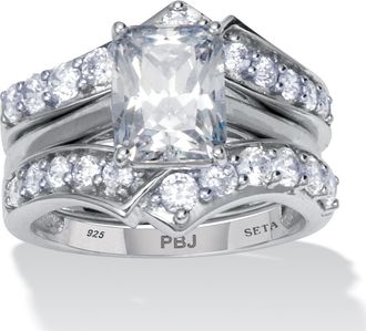 Palm Beach Jewelry 4.05 TCW Emerald Cut Cubic Zirconia Platinum-Plated Sterling Silver Bridal Set
