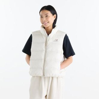 New Balance Mujer Boston Puffer Vest en Beige, Poli&eacute;ster, Talla XL