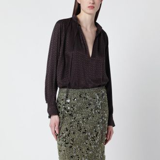 Gucci Camicia marrone in seta jacquard con morsetti