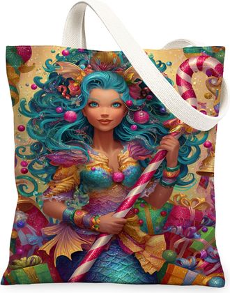 Generic Festive Floral Canvas Tote Bags, Colorful Holiday Gift Pattern Reusable Grocery Bags, Lightweight Washable Shoulder Strap C, Multicolor, 13x15 Inch