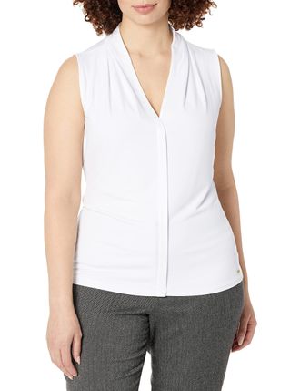 Calvin Klein Womens Sleeveless V-Neck Blouse, White, S