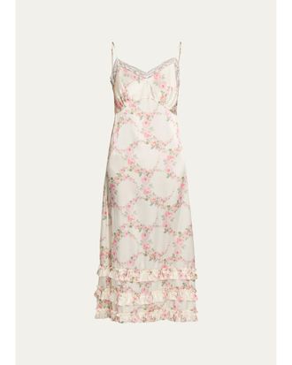 Simone Rocha Floral Satin Tiered Ruffle Midi Slip Dress