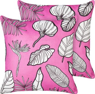 Beliani Beliani - Conjunto De 2 Cojines De Algod&oacute;n Con Estampado De Hojas 45 X 45 Cm Rosa Malva