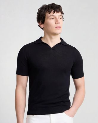 Onia Extra Fine Merino Wool Short Sleeve Johnny Collar Polo in Black at Nordstrom, Size Medium