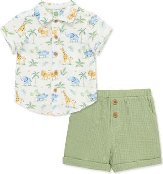 Little Me Jungle Cotton Button-Up Shirt & Shorts Set in Green at Nordstrom, Size 12M