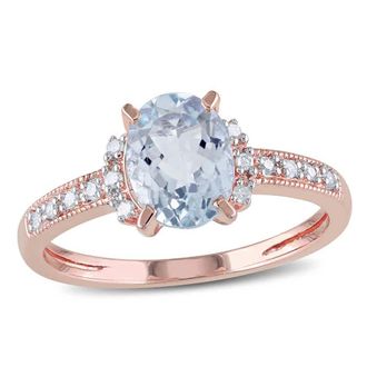 Amour Oval Cut Aquamarine and Diamond Ring In Rose Plated Sterling Silver