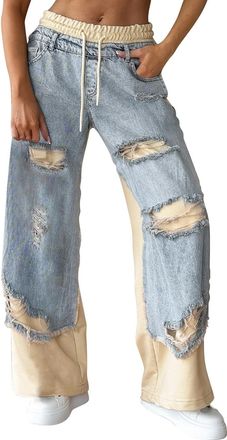 Generic Ripped Patchwork Denim Trousers for Women UK Comfortable Elastic Waisted Drawstring Jeans Baggy Wide Leg Straight Leg Mom Pants Trendy Stitching Stree