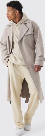 Boohooman Mens Oversized Double Breasted Trench Overcoat In Stone - Beige - Size Large