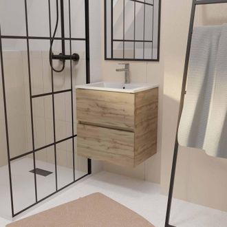 Aurlane Mueble De Ba&ntilde;o 50 Cm Decorado Roble Con 2 Cajones Y Lavabo Cer&aacute;mica Blanca