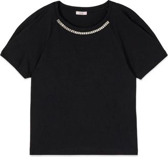 Oltre Katoenen T-shirt met steenzettingen - Dames - T-shirts - Zwart - XS - Katoen - Tops