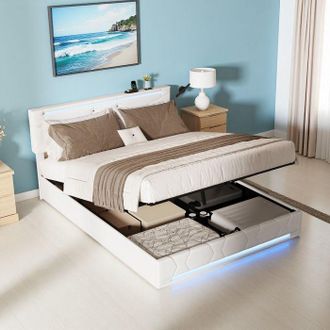 OEM Cama Doble 160x200 Cm Con Almacenamiento Hidr&aacute;ulico, Led Rgb Integrado Y Usb, Tela De Lino Beige, Cama Con Cofre De Dise&ntilde;o Tecnol&oacute;gico