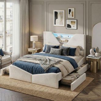 OEM Cama 140x190 Cm Con 4 Cajones - Pocketpop - Led - Recargable - Cama De 2 Plazas Con Almacenamiento Y Somier - Terciopelo - Blanco Roto