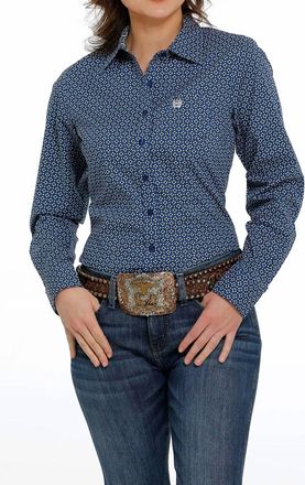 Cinch Diamond Print Long Sleeve Shirt In Blue