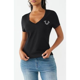 True Religion Crystal V-Neck Tee in Jet Black at Nordstrom Rack, Size X-Large