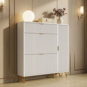 OEM Mobile Per Scarpe Pocketpop Bianco 110 X 24 X 118,5 Cm - 6 Ripiani Regolabili, 4 Porte, Cassetto, Anti-inclinazione