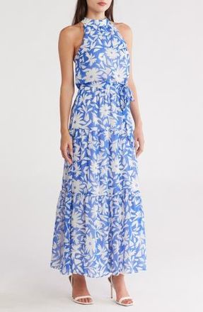 Donna Ricco Floral Sleeveless Tiered Chiffon Maxi Dress in Blue Ivory at Nordstrom Rack, Size 12