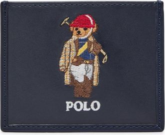 Polo Ralph Lauren Polo Bear Embroidered Leather Card Holder - Navy - One Size