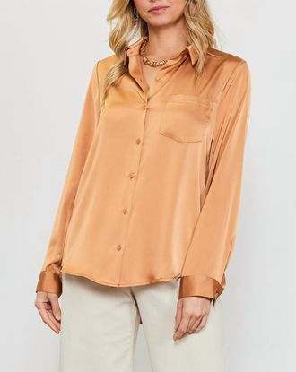 Skies Are Blue Clothing Presidential Satin Button Down Blouse With Pocket In Ginger Brown