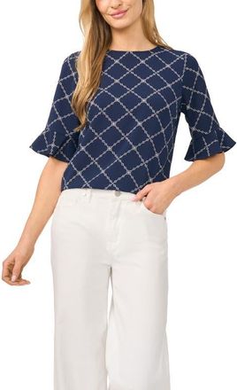 CeCe by Cynthia Steffe Print Ruffle Cuff Top in Classic Navy at Nordstrom, Size Xx-Small