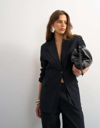 Topshop X Cara blazer oversize in denim a righe sottili coordinato in indigo-Blu