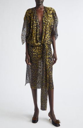 Ferragamo Plunge Neck Belted Devor&eacute; Silk Blend Georgette Dress in Expresso/Brasswood at Nordstrom, Size 4 Us