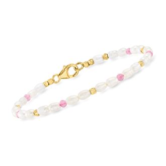 Ross-Simons 3x5mm Cultured Pearl and Pink Tourmaline Bead Station Bracelet With 18kt Gold Over Sterling