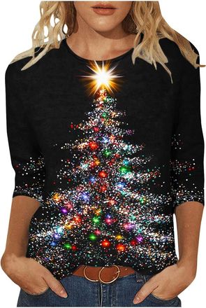 Generic Ugly Christmas T Shirts Women Light Up Christmas Tree Printed Tops Oversized Pullover 3/4 Sleeve Tunic Tees Novelty Sparkly Xmas Graphic Shirt Novelty