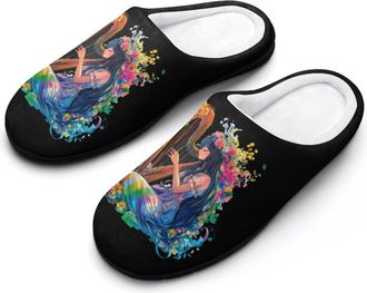 Generic Rainbow Playing Harp Gay Womens Slippers Warm House Slippers Indoor House Shoes with Anti-Skid Rubber Sole