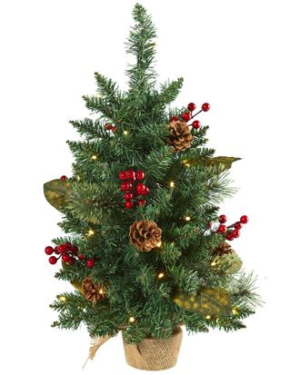 Nearly Natural 2Ft. Pine, Pinecone And Berries Artificial Christmas Tree With 35 Led Lights And 86 Bendable Branches