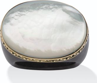 Palm Beach Jewelry Oval-Shaped Mother-Of-Pearl Black Jade Greek Key Ring in 14k Gold