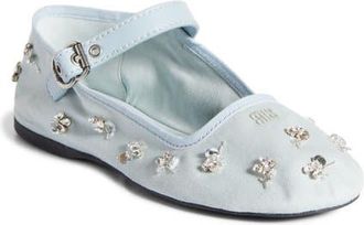 Miu Miu Crystal Embellished Canvas Mary Jane Ballet Flat in Blue at Nordstrom, Size 10.5Us
