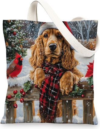 Generic Christmas Cocker Spaniel Dog Canvas Tote Bag for Shopping 13x15, Xmas Farmhouse Cardinal Puppy Reusable Grocery Print Bag for Women, Holiday Pet Beach